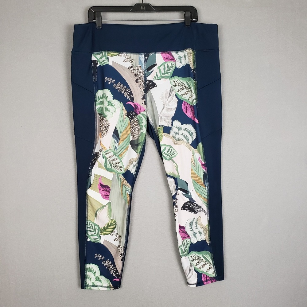 Athleta Size 1X Crop Athletic Pocket Leggings‎ Floral Leaf Dark Blue Hippie Yoga